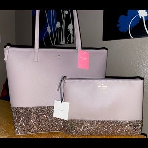 Kate Spade grey glitter tote and matching clutch